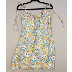 Nectar Clothing 60's Boho Blue Floral Tie Strap Smocked Back Mini Dress Medium